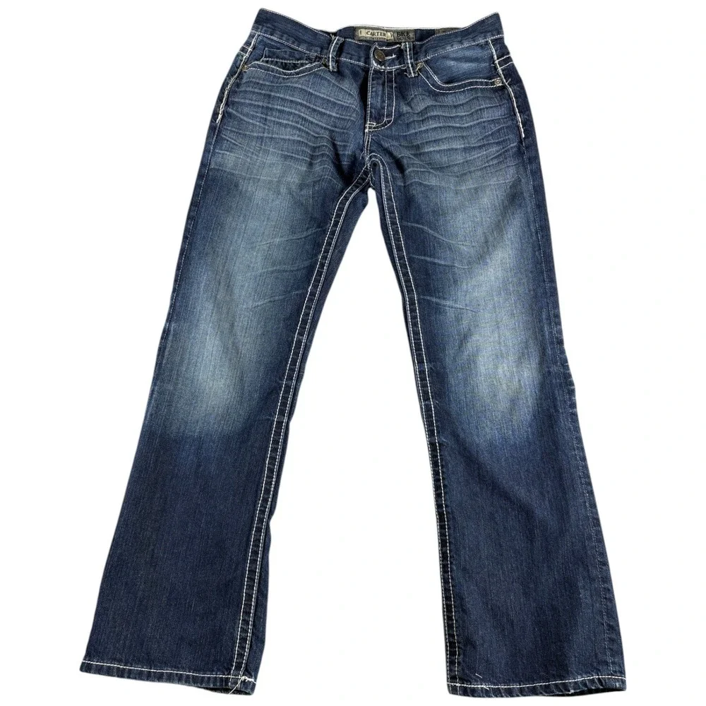 BKE Buckle Carter Jeans Mens 31R Dark Blue Bootcut Western Thick Stitch Western